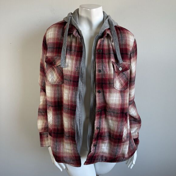 Natural Reflections Sherpa Lined Hoodie Shirt Jacket Womens L Red Plaid Flannel - Picture 11 of 16